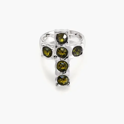 en route Rebel Cross Ring in Silver, Reimagined Cross Shape with a Raw Textured Finish and Green Gemstones, Versatile Statement for Alternative Everyday Fashion