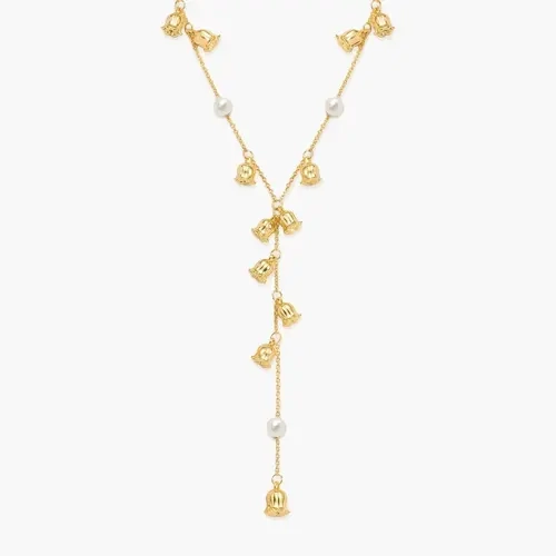 en route 18K Gold Plated Lily of the Valley Pearl Lariat Necklace in Gold, Floral Series Jewelry With Pearl Detail, Versatile Layered Piece For Stacking, Sets & Chic Styling