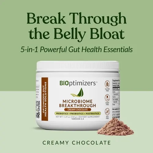BiOptimizers Microbiome Breakthrough – Probiotic, Prebiotic & Enzyme Gut-Support Powder, Chocolate, for Gas, Bloating & Gut Health, 365-Day Guarantee