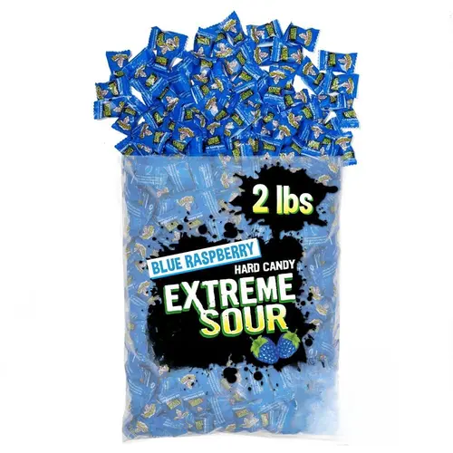 WARHEADS Blue Raspberry Extreme Sour Hard Candies - 2 lbs Bulk Bag, Individually Wrapped Pieces Stay Fresh in the Bag, Microencapsulated Malic Acid, Punch Sour Twist, A Blue Ribbon Winner, Fan Favorite Flavor, Non-Kosher, Milk & Soy-Processing Facility