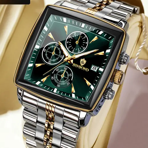 BINBOND Square Dial Sport Wristwatch Waterproof Luminous Chronograph Quartz Stainless Steel Watch,Business Quartz Watch, Business Fashion Watch, Stylish Watch,Daily Clothing Decor,All-match Watch for Birthday Gift with Box