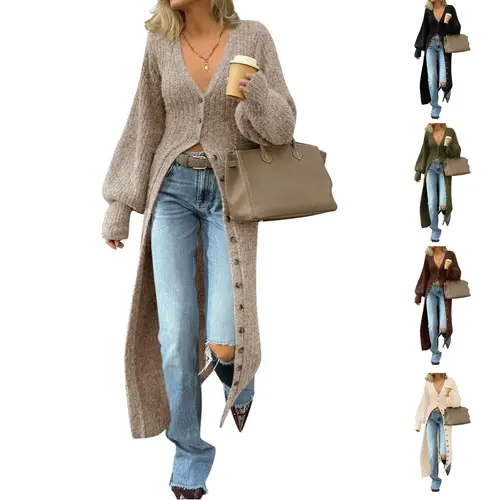SCUSTY Women's Long Knit Cardigan V-Neck Button Down Chunky Duster Sweater Coat Trendy Fall Maxi Sweater Dress