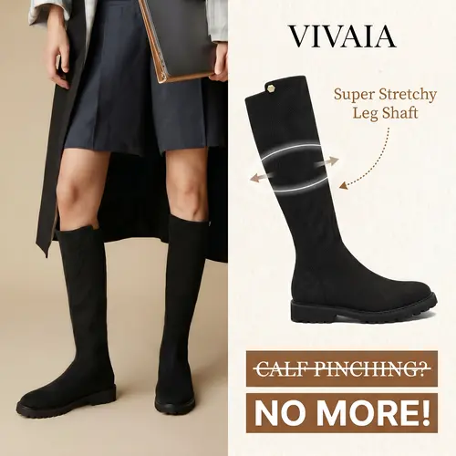 VIVAIA Women's Classic Round-Toe Stretchy Wool Knee-High Boots (Filipa) - Wide Calves Friendly, Block Heel, Arch Support, Water-Repellent, Activated Carbon, Walking Shoes for Chilly Day Style