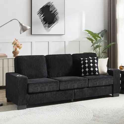 Niccae Modern 3-Seater Compressed Couch Corduroy Fabric Sofa with Built-In Cup Holders & High-Density Sponge for Living Room Bedroom Office