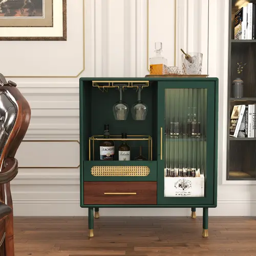【Fall Deals】HLR Emerald Green Bar Cabinet with Gold Accents, Rattan Detail, 37" Dual-Zone Storage & Pull-Out Drawer – Classic Style Furniture for Apartment, Studio Apartment Furniture, Ideal for Home Entertainers, Living Room Modern Decor su