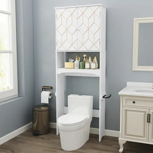 【Fall Deals】HLR Gold-Trim Luxury Wall-Mount Over-Toilet Cabinet, Moisture-Resist MDF Bathroom Organizer Supplies with Hidden Storage, Sturdy Anti-Tip 24.8" Slim Profile Unit (24.8"w x9"d x65.9"h) for Small Apartments, Bath Decor, Behind the Door