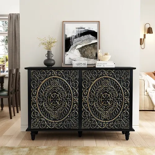 HLR Classic Black 4-Door Farmhouse Storage Cabinet - P2-MDF Wood Rectangular Buffet with Gold Relief Patterns, Carved 3D Handles, 2-Tier Removable Shelves, Display-Ready Top, 15"d x 47.7"w x 31.9"h Living Room TV Console