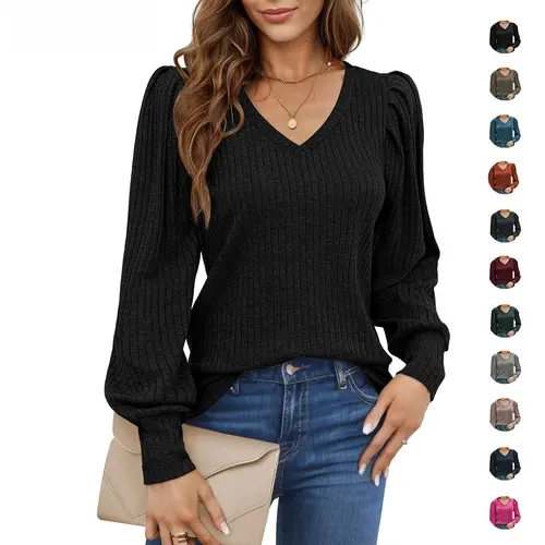 ZEAGOO Women's Basic Plain Black Knit Longsleeves Shirt - Fitted V-Neck, Puff Sleeves, Soft Lightweight Casual Chic Tunic, Easy Styling Top for Coffee Runs, Errands, Polished Winter Wear (XS-XXL Plus Size)