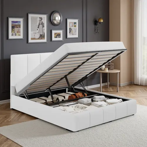 HOOMIC Upholstered Storage Bed Frame【Frame Only No Mattress】with Hydraulic Lift Base,Wide Vertical Stripe Dutch Velvet,Full/Queen/King,Black/White/Grey