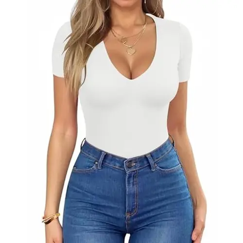 ZEAGOO Women's Short-Sleeve Deep V-Neck Low-Cut Hem T-Shirts - Ribbed Knit, Slim-Fitting, Stretchy 92% Viscose 8% Spandex, Sexy Casual Summer Staples