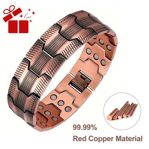 Men's 99.99% Pure Copper Magnetic Bracelet - Wearable Men's Accessory, Hypoallergenic Wide Band with Carved Tyre Graphics, Adjustable 3-Row 3x Strength 3500 Gauss Magnets, 105g, Lead&Nickel Free, Unique Gift Fashion Bracelet