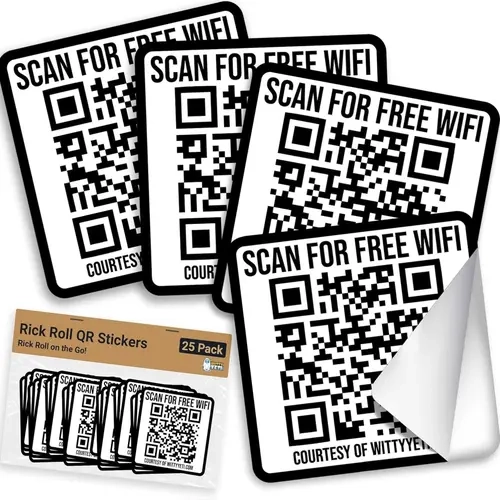 Witty Yeti Ad-Free, Realistic 2x2IN Fake WiFi Rick Roll QR Code Stickers 25 Pack. Best Bulk Practical Joke Novelty Set for April Fools. Trick Friends and Family with Hilarious Vinyl Decal Meme Prank