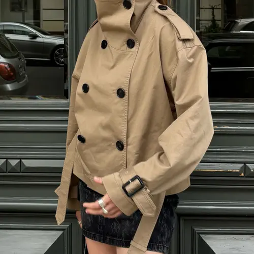 Women's Windbreaker Beige Cropped Trench Coat Double Breasted Jacket with Belted Waist Shoulder Casual Women's Layered Outerwear Female Coat Spring Winter Jacket Fashion Outerwear
