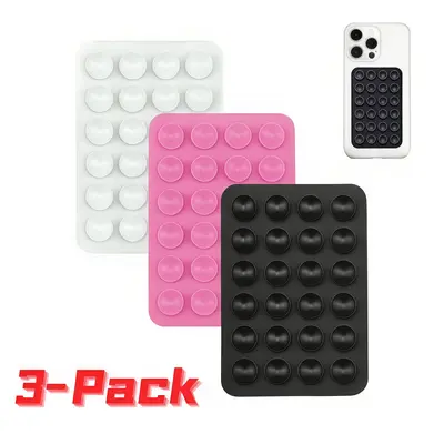 3-Pack Universal Silicone Smartphone Holder Grip Stand Mount - Non-Slip Cars Accessories with Strong Sticky Base, 24 Independent Suction Cups for Hands-Free Smooth Surface Use - White,Pink,Black,Fits Most Phones