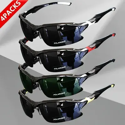 4-Pack Polarized Fashion Sports Sunglasses for Men - Windproof, Blue Light Blocking, Anti-Eyestrain, Square Rhinestone Vintage Thin Horn Rimmed Eyewear Accessories, Fishing Glasses, Geometric-Shaped Aesthetic Men's Sunglasses (Ideal for Running, Golf)