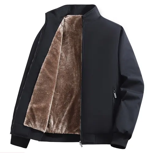 Men's Fitted Fleece Jacket - Plain Long-Sleeve Warm Autumn Winter Outdoor Menswear, Minimal Look, Modern Vibe, Versatile for Daily Outfits