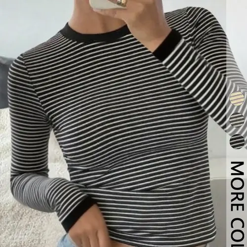 Women's Striped Slim-Fit Long Sleeve Casual Streetwear Spring Summer Top, Casual Tops, Stylish Plain Fashion Tee for Daily Wear, Comfortable, Breathable & Trendy Design, Womenswear