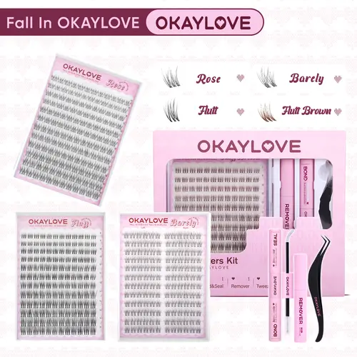 OKAYLOVE Lightweight Brown D-Curl Eyelash Extensions Kit - Lash Cluster Set with Rose,Vivi,Nira,Flutt Brown Soft Natural Lash Clusters, Bond, Seal, Tweezers, Remover for DIY Home Makeup, Student Gifts