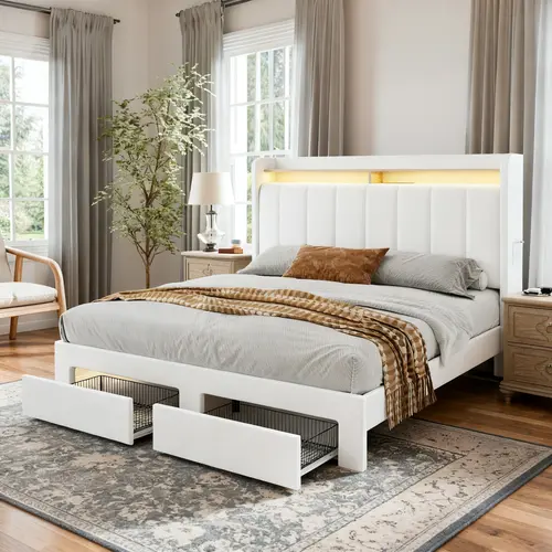 HOOMIC Dutch Velvet Upholstered Platform Bed Frame【Frame Only No Mattress】with Double Shelf Headboard (USB Outlets & LED Lights),2 Footboard Drawers,White/Dark Grey/Beige/Black/Light Grey,Full/Queen/King,No Box Spring Needed