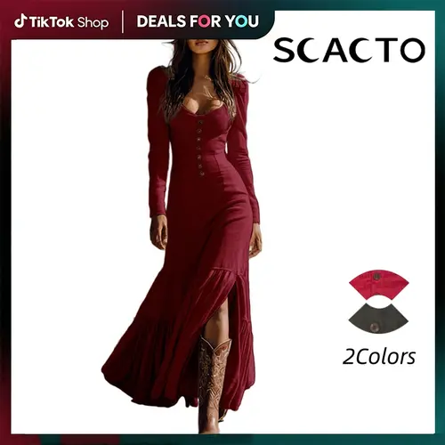 Scacto Women's Retro Western Slim Sexy Feminine Long Dress - Square Neck, Long Sleeves, Ruffle Lace Trim, High Slit, Soft Drape Solid Polyester, Going Out Western Dresses for Rustic Elegance
