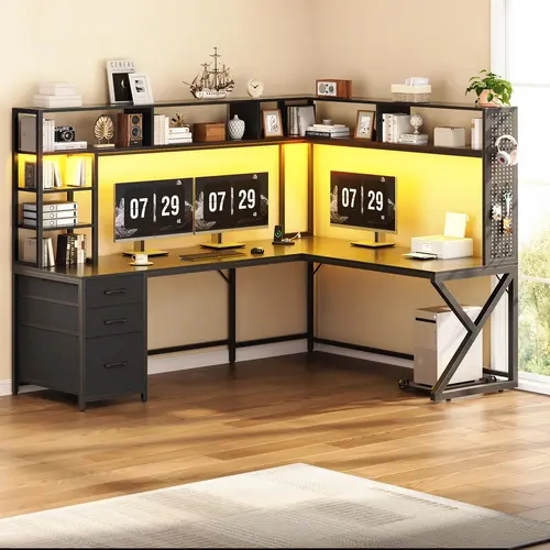 Sedeta Sturdy Modern L-Shaped 2-Person Wood-Metal Gaming Desk - 94.5" Long (66.1"L×47.2"W) Convertible Corner Unit with Storage Shelves, Hutch, Drawers, Power Outlet, RGB LED Lights, Pegboard for Home Office Work From Home | Commercial Office Furniture