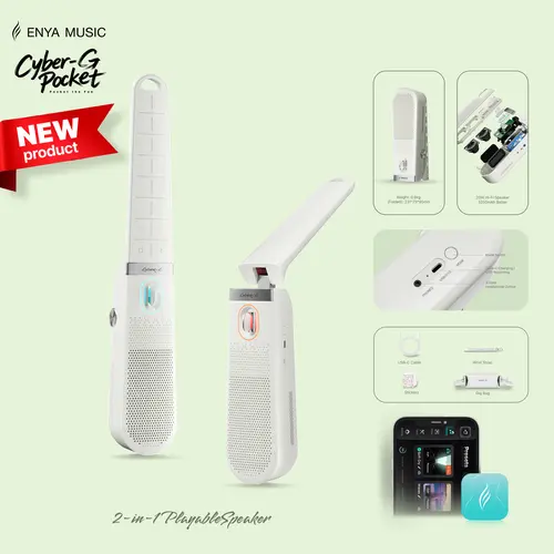 Enya CYBER-G Pocket 2-in-1 Musical Instrument - Stringless Smart Guitar, 20W Bluetooth Audio Speaker, Fold-to-Listen, Unfold-to-Play, Auto Play Mode, Portable Foldable Design, 3.5mm Jack, 7.2V Batteries, USB Type-C, 2-Hour Charging #BackToSchool