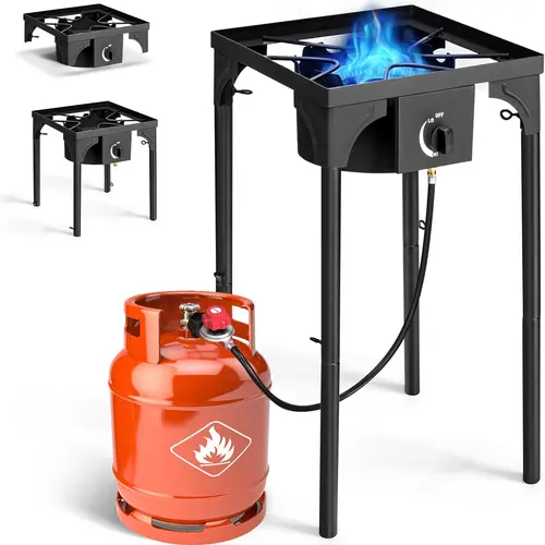 75,000 BTU Single Burner Propane Gas Stove - Freestanding Portable Outdoor Cooking Station with Detachable Legs, Flame Dial Control, Easy Assembly for Camping Trips, Emergency Preparedness, Backyard Frying Home Supplies