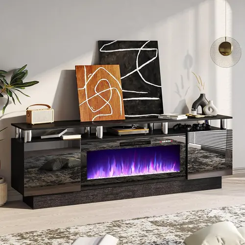 PUKAMI 70" Modern Fireplace TV Stand with 36" Electric Fireplace for TVs Up to 80 inch, Luxury LED Light Entertainment Center with High Gloss Cabinet, TV Consoles for Living Room