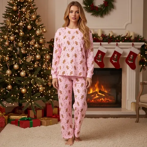 Women Christmas Outfits Casual Gingerbread Print Long Sleeve Tops and Elastic Pants 2 Piece Set Streetwear
