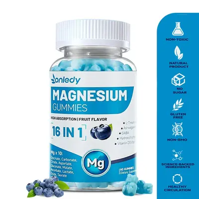 Onledy 16-in-1 Magnesium Complex Gummies - Dietary Self Care Products, Multi-Nutritional Mineral Supplements with L-Theanine, Ashwagandha, GABA, 5-HTP, Vitamin D3, B6, Non-GMO Mineral Supplements for Sleep Support, Stress Relief, 2 Gummies Daily, Magnesiu