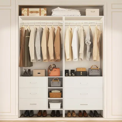 Cyclysio Wood Finish Storage Unit Wardrobe - 2-Piece 53in W Freestanding Steel Frame MDF Modern Vertical Cabinet, 4.5FT Adjustable Expandable Portable Armoire with Hanging Rods, Shelves, Drawers, Boxed Packaging & Assembly Required Kit, Wood Finish Wardro