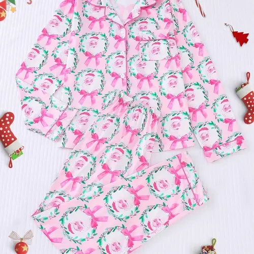 [Christmas]Women's Christmas Pajama Set, Soft Long Sleeve Collared Shirt & Elastic Pants, Holiday Party Sleepwear, Casual Fall Winter Loungewear