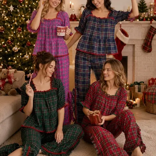 Women Pajama Set, Stripes/Plaid Short Sleeve Square Neck T-shirt with Pants Sleepwear Loungewear