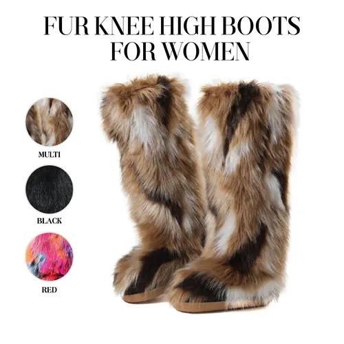 VIMISAOI Women's Knee-High Boots, Faux Fur Upper Feels Luxe, Patchwork Design, Round Toe, No Heel, Flat Sole for Easy Steps, Rubber Accents, Easy Pull-On, Chic, Warm, Soft, Y2K Streetwear for Casual Events