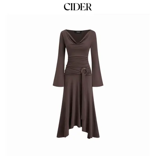 Cider Cowl Neck Bell Sleeve O-Ring Ruched Ruffle Hem Midi Dress