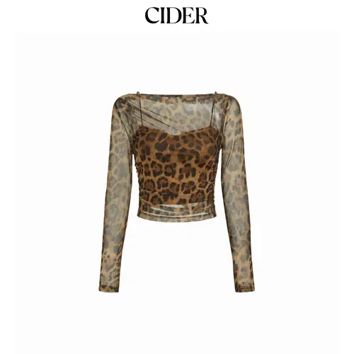 Cider Mesh Leopard Boat Neck Long Sleeve See-through Top With Cami Top