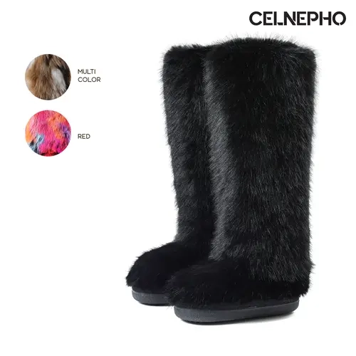 CELNEPHO Faux Fur Boots for Women Knee High Boot Round Toe Flat Heel Fluffy Furry Comfy Plush Warm Cozy Easy Pull on Party Gift Outdoor Casual Everyday Wear Holiday Travelling Multicolor Fashion Snow Trendy Dressy Shoes