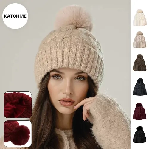KatchMe Women's Versatile Fluffy Knit Thermal Crochet Hat, Slouchy Cable Beanie for Fall & Winter, Stretchy Acrylic Blend Warm Pom Pom Knitted Hat