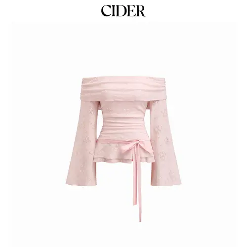 Cider Lace Off-shoulder Floral Knotted Ruched Long Sleeve Top