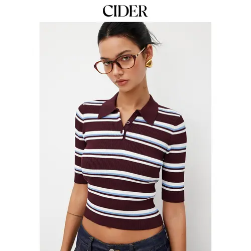 Cider Knit Collar Stripe Button Mid-length Sleeve Top