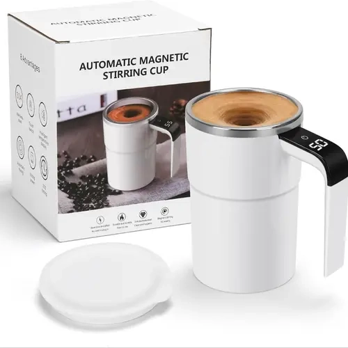 Automatic Self Stirring Reusable Coffee Cup with Lid - Portable Rechargeable Electric Magnetic Compact, No Heating Function, Coffee Mug to Go, Digital Display Drinking Mug