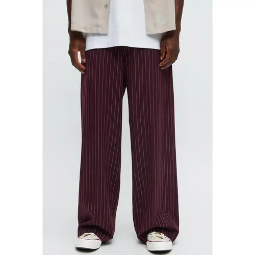 Wide Leg Straight Striped Trousers - Burgundy