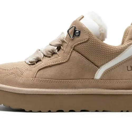 UGG Lowmel Sand Women's Fashion Suede Low-Top Trainer Shoes - Closed-Toe Casual Sneakers with Cushioned Midsole, Lightweight Support, Slip-On Laid-Back Footwear