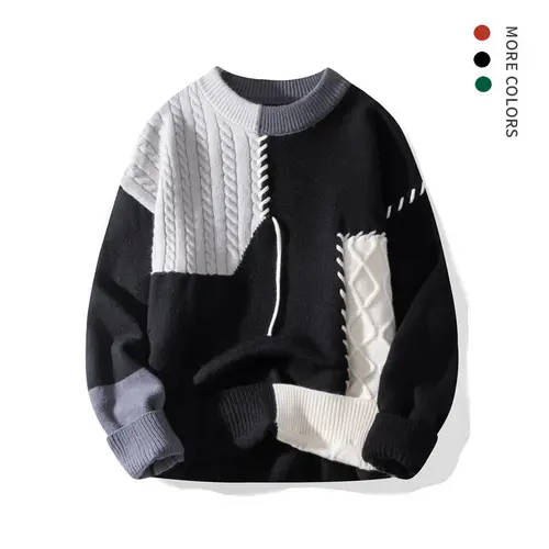 SAND SOUND Men's Fitted Round Neck Patchwork Knitted Pullover Sweater - Long Sleeve, Deconstructed Color Block Cable & Diamond Knitting, American Street Style Dopamine Contrast Color Preppy Casual Warm Top for Autumn Winter Wedding Daily Wear