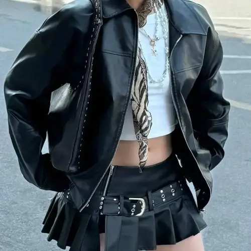 Women's Preppy Motorcycle Jacket, Casual Loose-Fit Long Sleeve PU Leather Jacket, Autumn/Winter Fashion Outerwear for Women, Coats, Womenswear, Biker Jacket