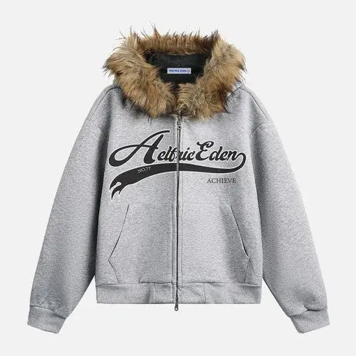 Aelfric Eden Men's Unisex Cotton Boxy Long Sleeve Zipper Hoodie with Faux Fur Collar - Y2K Retro Heavyweight Men's Streetwear, Oversized Casual Sweatshirt Top