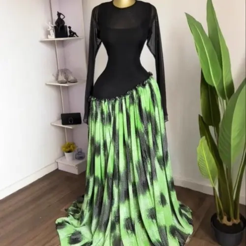 PULKRITU Women's Long Sleeve O-Neck Fabric Dress, Fitted, Elegant, Party Gown for Autumn & Winter, Evening Wear, Formal Wear, Bohemian Formal Dress, Tie Dye Printed Patchwork Maxi A-Line Dresses, Ladies Dressy Skew Waist Streetwear Dress
