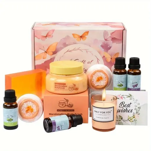 Aroma Body Care Gift Basket Set - Birthday Gift Basket for Her with Essential Oils, Body Scrubs, Scented Candles and Core Cosmetic Items