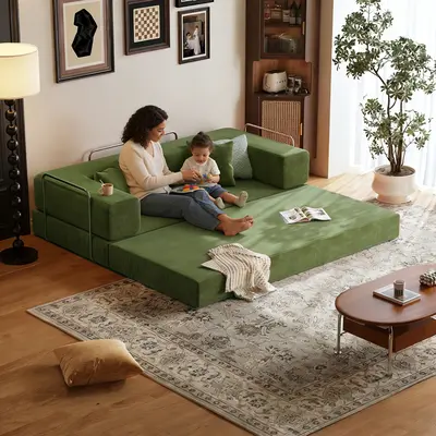 【LODEIJA】80.3"Oversized Boneless Couch,5-in-1 Convertible Sleeper Sofa Bed,Fully Foam-Padded,Removable Armrests,Deep-Seat Corduroy Modular Floor Sofa,Foldable Pull-Out Living Room Mattress Sofa,No Assembly Required,Comes with Two Pillows
