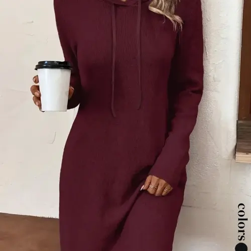 Women's Hooded Long Sleeve Casual Loose Soft Knit Fabric Dress, Fall Winter Fashion, European Style, Comfortable & Stylish, Perfect for Daily Wear, Loose Plain Dress